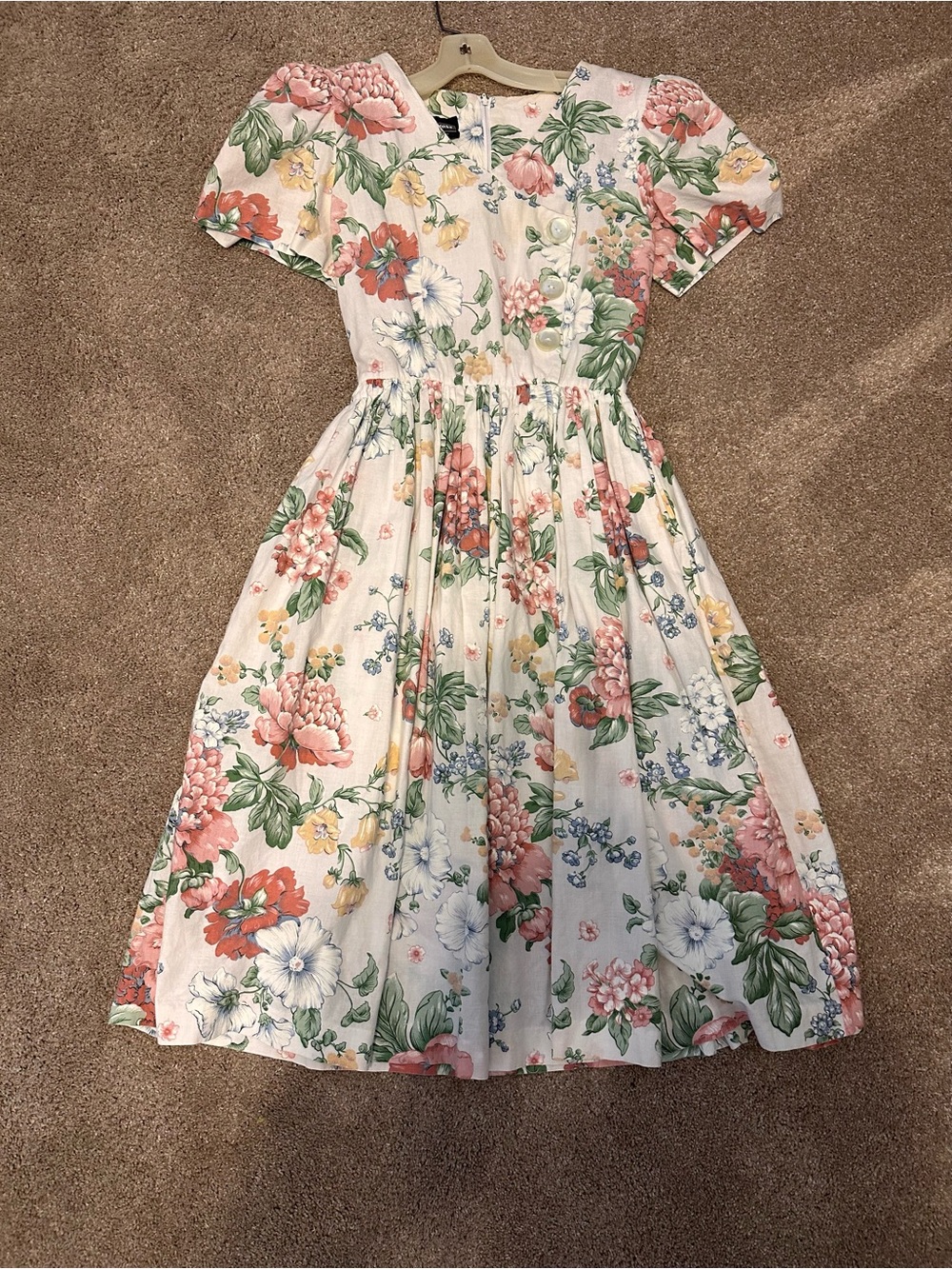 Retro S.L. Fashions Cream Floral Puff-Sleeve Dress with Pink, Green & Yellow, M